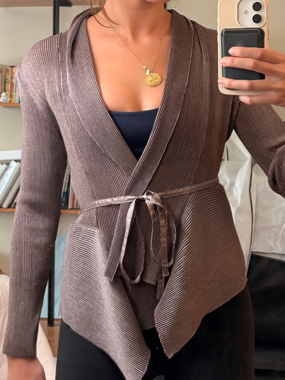 Women's Taupe Wrap Cardigan Sweater with Tie Waist